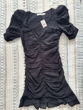 ASTR the Label Loiza Ruched Puffy Sleeve V-Neck Mini Dress Black S NWT